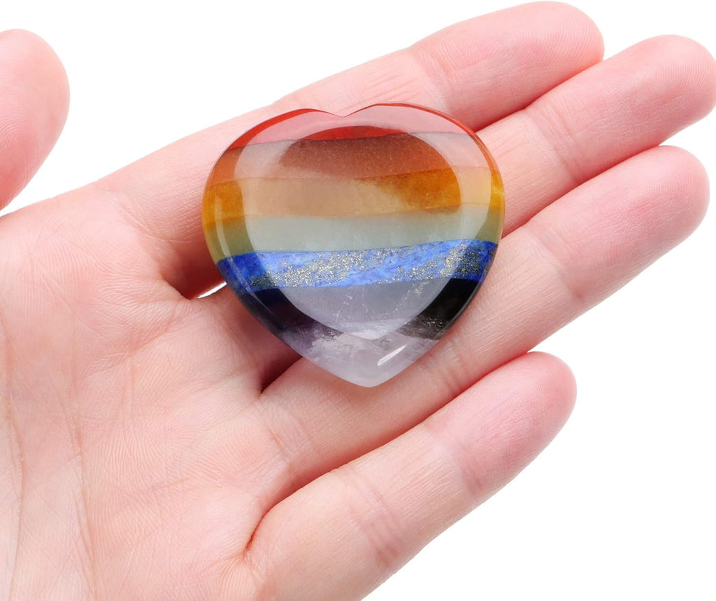 CrystalTears 7 Chakra Worry Stone Heart Shape Concave Gemstone Palm Stone Reiki Healing Chakra Stones Worry Stone Crystal Holistic Balancing Stress Relief