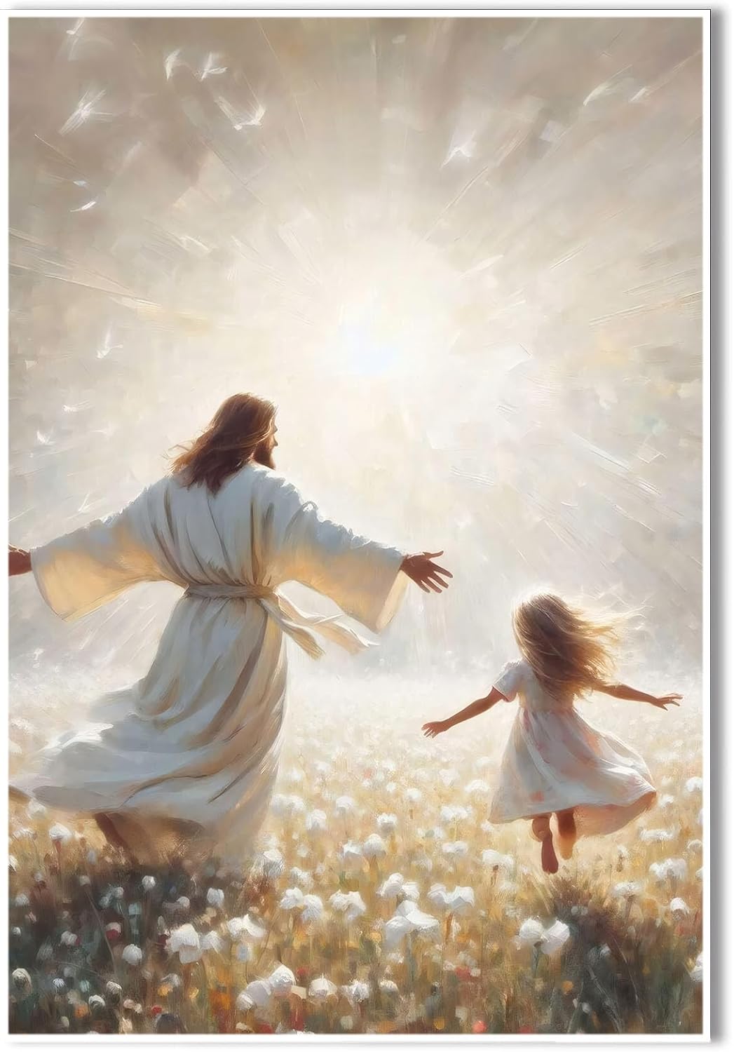 Jesus canvas painting spiritual artwork featuring a girl in a flowing white robe happily playing in a warm field of golden daisies. Adds a vibrant atmosphere to your home's sacred wall decor