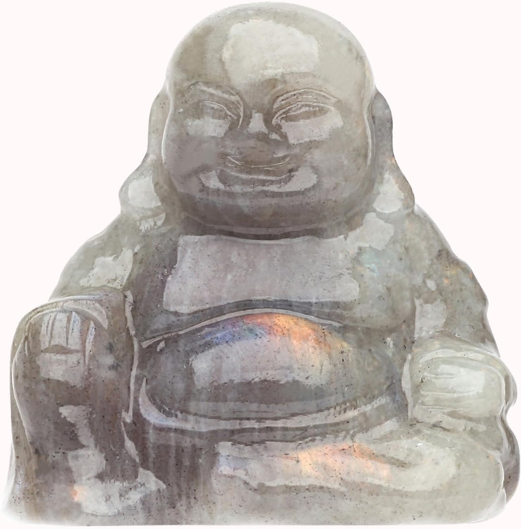 Labradorite Crystal Laughing Buddha Statue Meditation Decor Spiritual Art Piece Healing Stone Figurine Zen Altar Sculpture Feng Shui Gift Yoga Space Ornament Peaceful Home Temple Collectible
