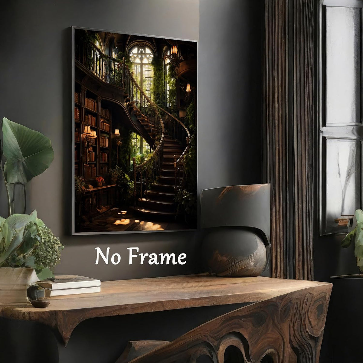 Dark Academia Library Wall Art Canvas Dark Cottagecore Painting Abandoned Wall Art Library Gothic Moody Botanical Picture Medieval Castle Poster Victorian Print Gothic Vintage Artwork 16x24in No Frame