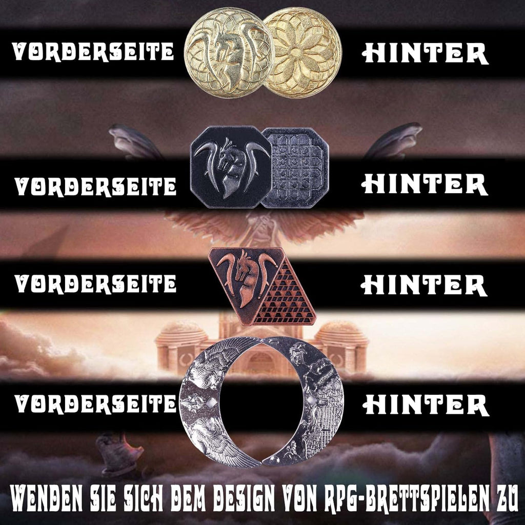 Byhoo 145pcs Metal DND Coins & Leather Case, Contains 60 Gold Coins, 40 Silver Coins, 40 Copper Coins and 5 Platinum Coins, Token with Glow in The Night Eyes Bag for RPG Tablelap Games