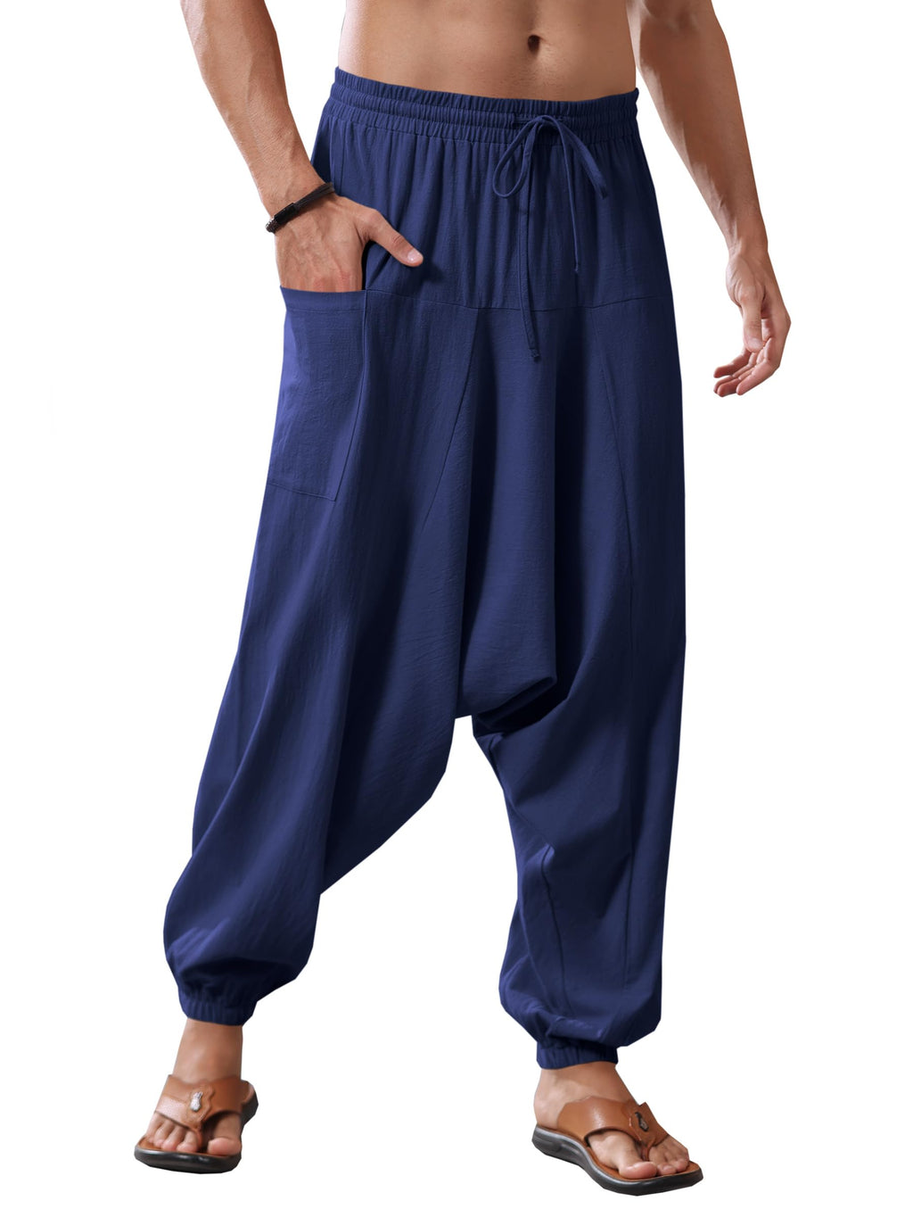 Runcati Mens Harem Pants Baggy Hippie Casual Cotton Linen Loose Boho Yoga Beach Drop Crotch Trouser