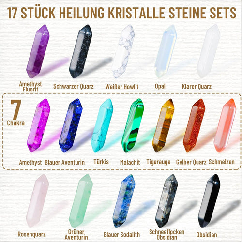 17Stück Heilende Kristalle Steine Sets, Sechseckige Heilkristalle Reiki Meditation Edelsteine Chakra Steine Amethyst Tigerauge Obsidian Rosenquarz Anhänger Spirituelle Deko Esoterik Geschenke