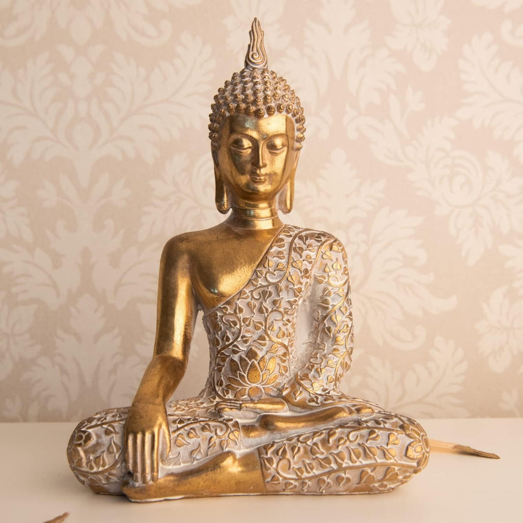 dszapaci Buddha Statue Gold 30cm Dekofigur sitzend mit weißem Muster Buddha Deko Figur klein