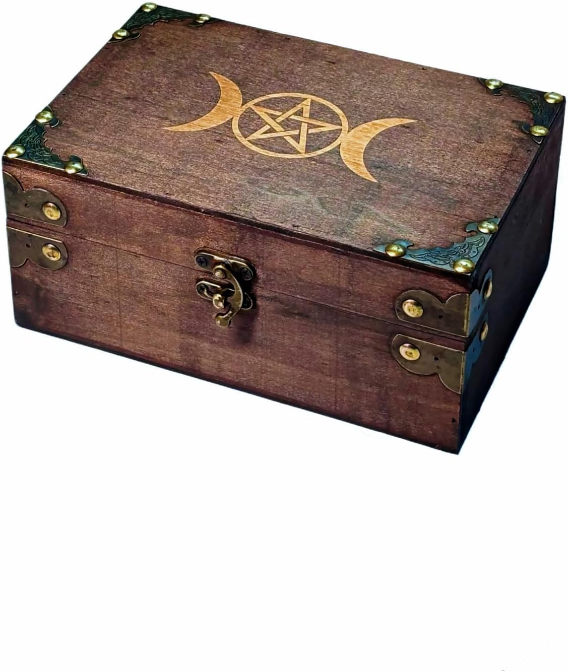 Triple Moon Goddess Pentagram Engraved Wooden Chest with Velvet Lining Wiccan Accessories and Tool Storage Keepsake Jewelry Organizer