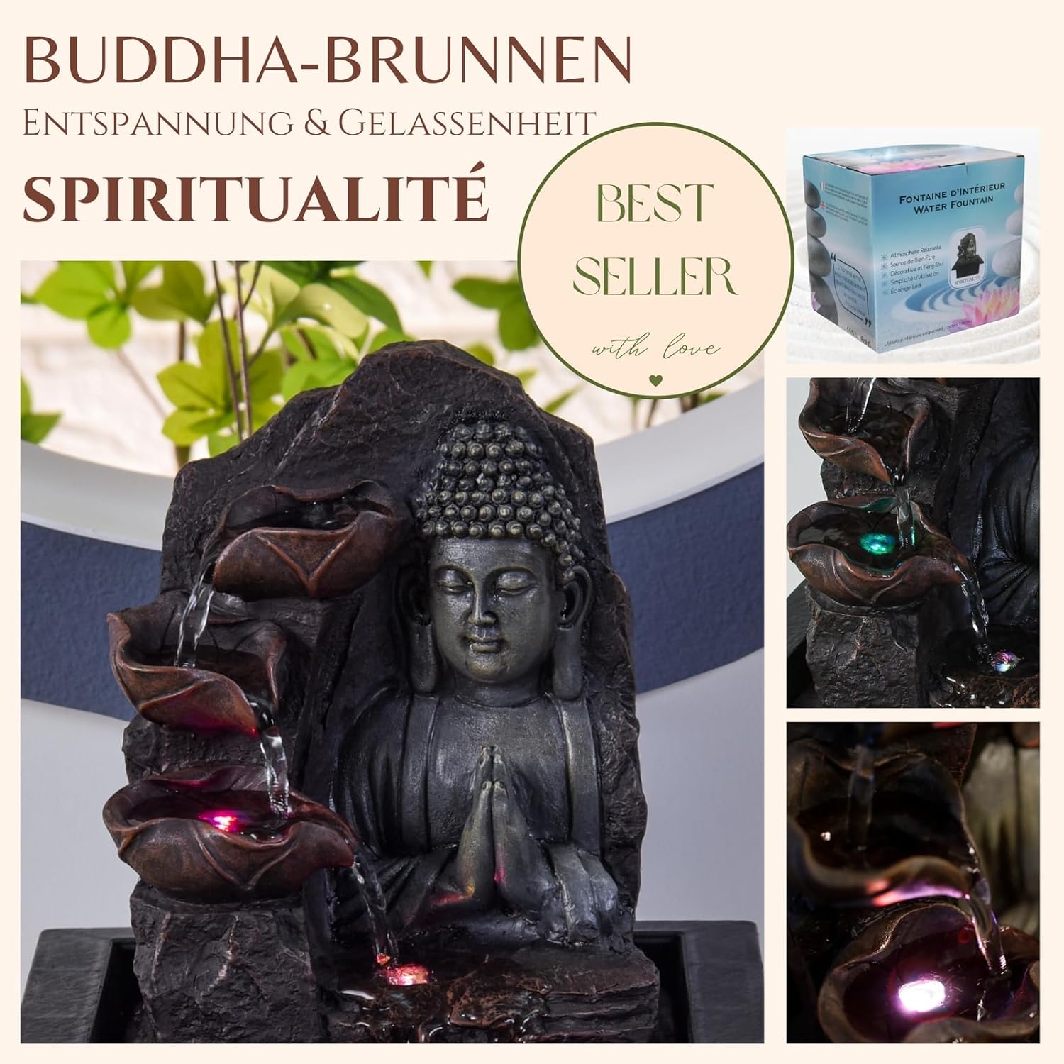 Zen'Light Spirituality Buddha Fountain, Polyresin, Dark Brown, 21 x 21 x 26 cm