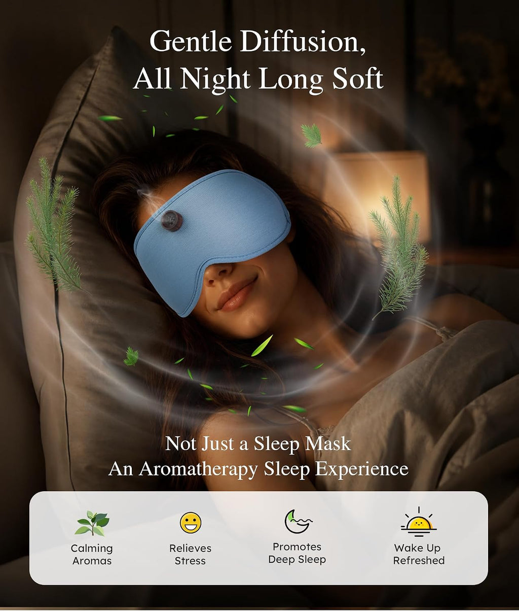 MUSICOZY Aromatherapy Sleep Mask Essential Oil Diffuser 3D Blackout Design | Wood Diffuser with Lavender, Fir, Geranium Oils, Adjustable Strap, Bamboo Fiber Comfort for Sleeping Meditation Relaxation