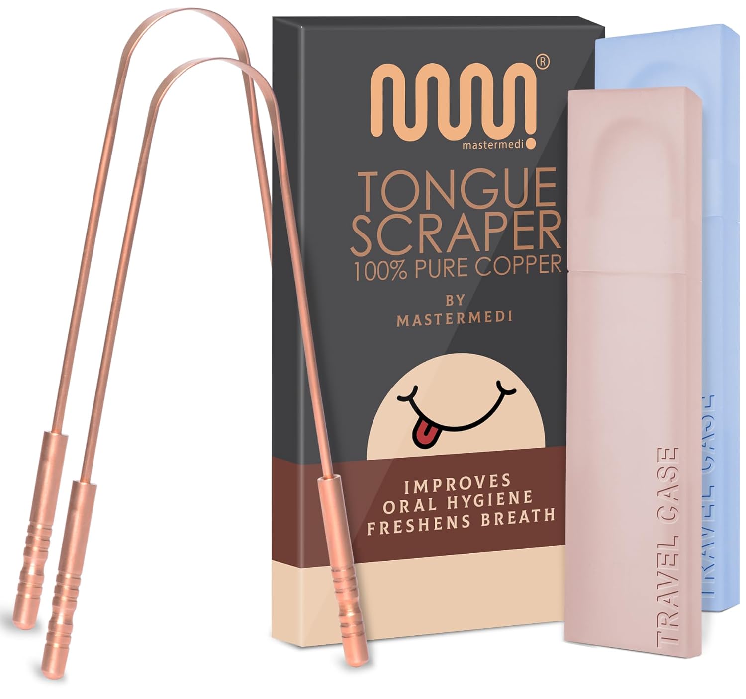 MasterMedi 100% reines kupfer zungenschaber mit reiseetui - 2 pack all natural ayurveda zungenreiniger, bannt mundgeruch und pflegt mundhygiene, groß grip (Set of 2 (Copper Tongue Scraper))