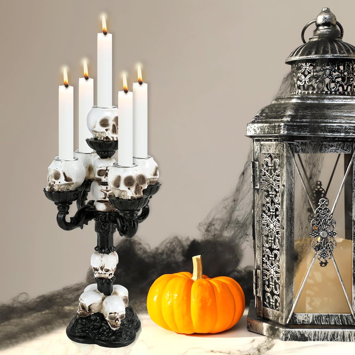Candle Holder Black Gothic Decoration, Halloween Statue Skull Decorative Candle Holder Taper Candles with 5 Arms, Skull Lamp Resin Ornaments, Vintage Table Decoration for Home Living Room (5 Arms)