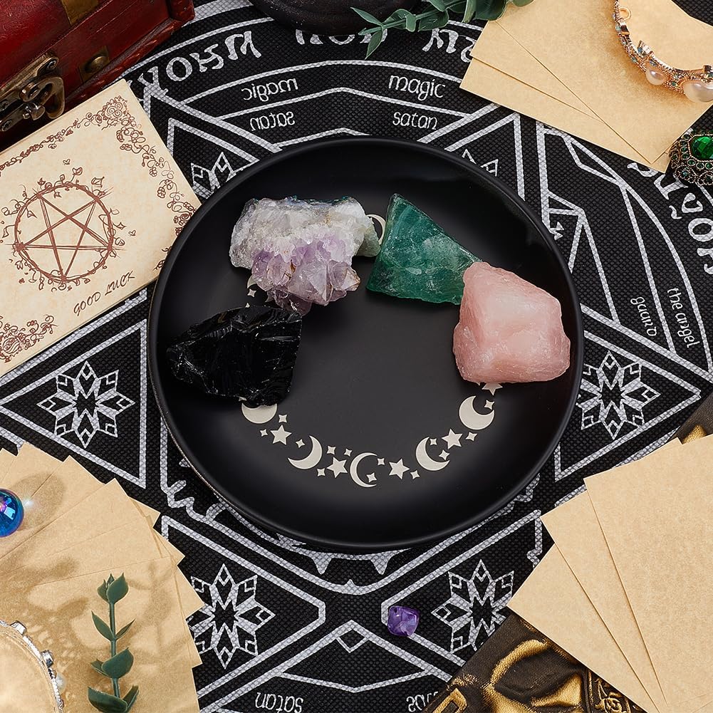 CREATCABIN Phase Moon Star Opferschale Altar Ritualteller Schale Edelstahl Flache Schale Rund Schmucktablett Gebet Tarotteller Schwarzer Ringhalter Schmuckstück Mit Karte Zum Räuchern Dekoration 14cm