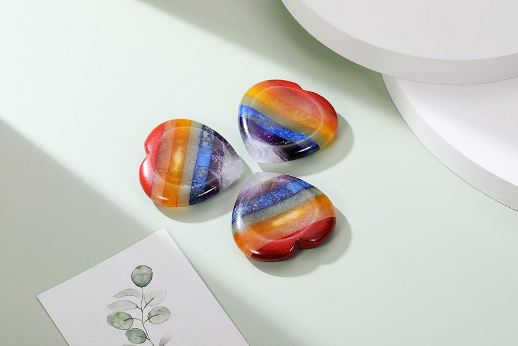 CrystalTears 7 Chakra Worry Stone Heart Shape Concave Gemstone Palm Stone Reiki Healing Chakra Stones Worry Stone Crystal Holistic Balancing Stress Relief