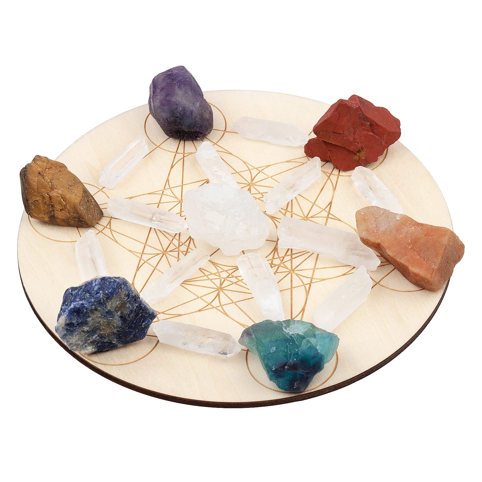KYEYGWO Reiki Healing Crystal Grid Set with 7 Chakra Raw Stone and Rock Crystal Wand Wooden Sacred Geometry Chakra Energy Stone Quartz Dots Ornament for Home Decor, Hexagon Gemstones