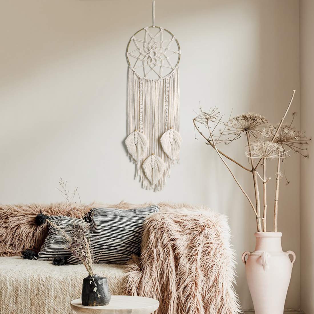 LOMOHOO Makramee Traumfänger Wandbehang Gewebte Feder Wandbehang Handgemachter Traumfänger Boho Quasten Dekoration Wohnkultur Ornament Bastelgeschenk für Schlafzimmer Wohnzimmer（kein Licht）