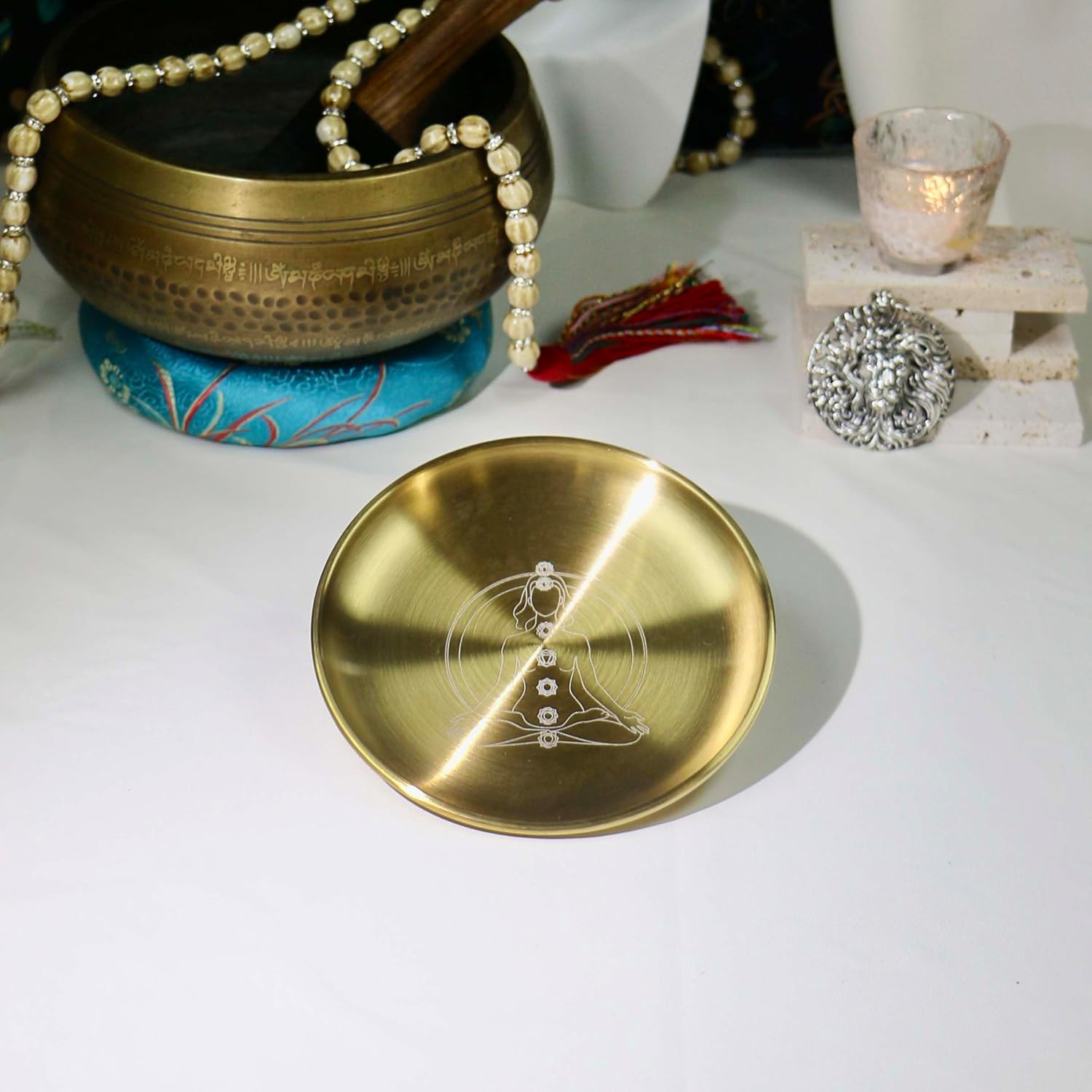 Amitofo Golden Prayer Ritual Bowl with Chakra Gemstone Ideal for Altar, Meditation, Incense Sticks, Smudging, Candles, Crystal, Jewelry, Yoga (Chakra)
