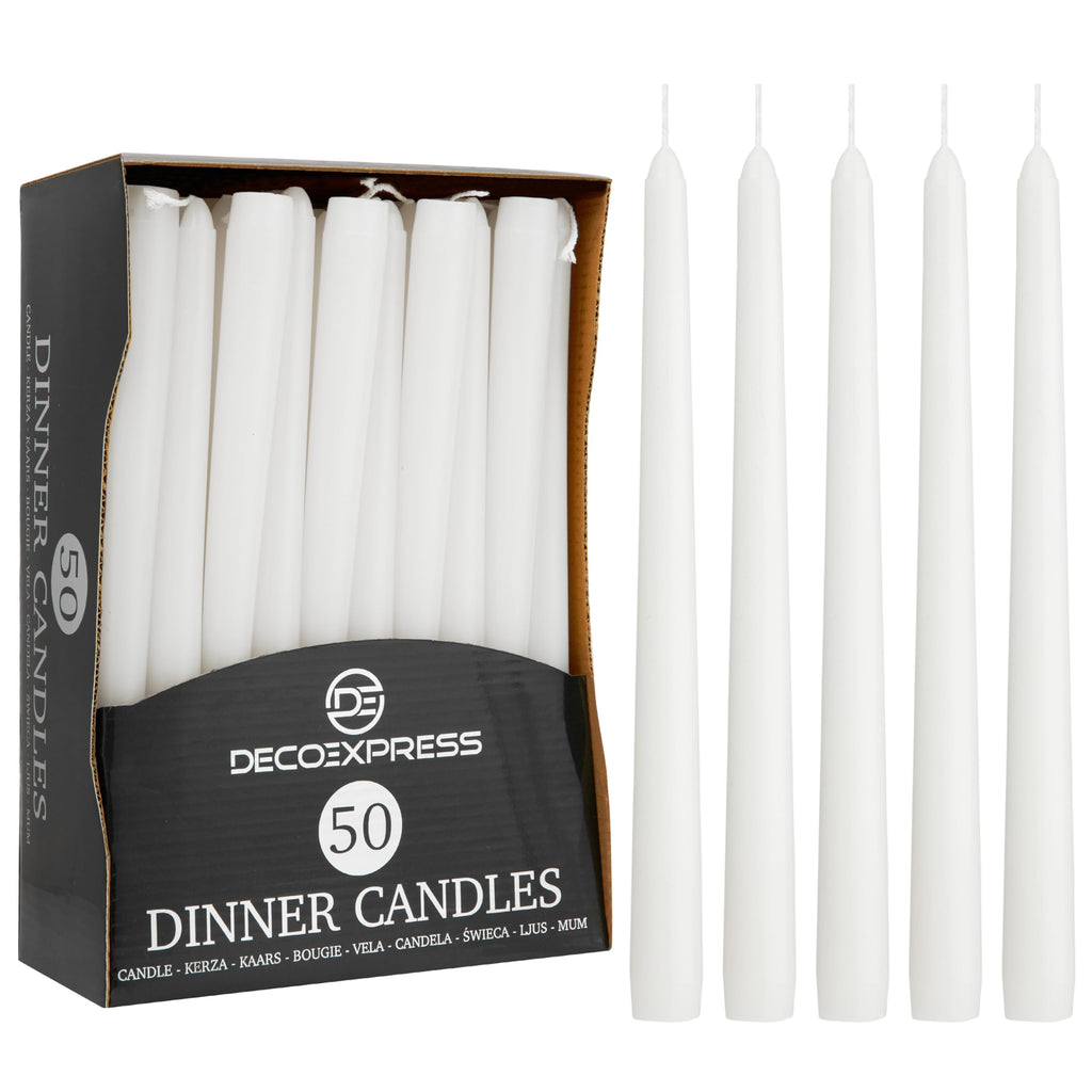 DECO EXPRESS Taper Candles Set of 6, 10, 15 or 50, Long Burning Time up to 8 Hours, Odourless (Purple, Set of 15)