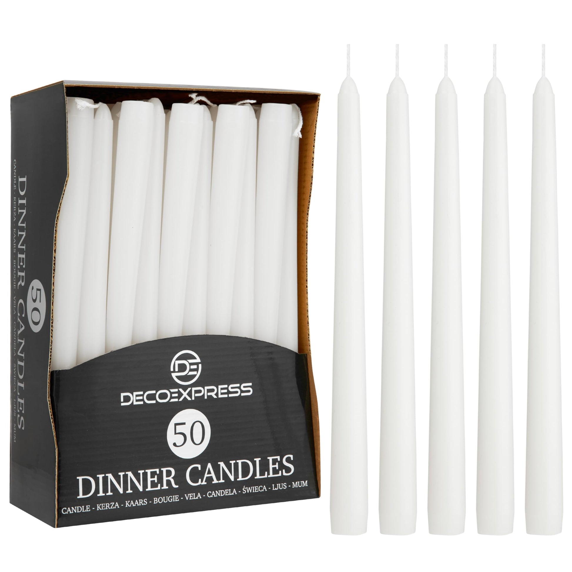 DECO EXPRESS Taper Candles Set of 6, 10, 15 or 50, Long Burning Time up to 8 Hours, Odourless (Silver, Set of 15)