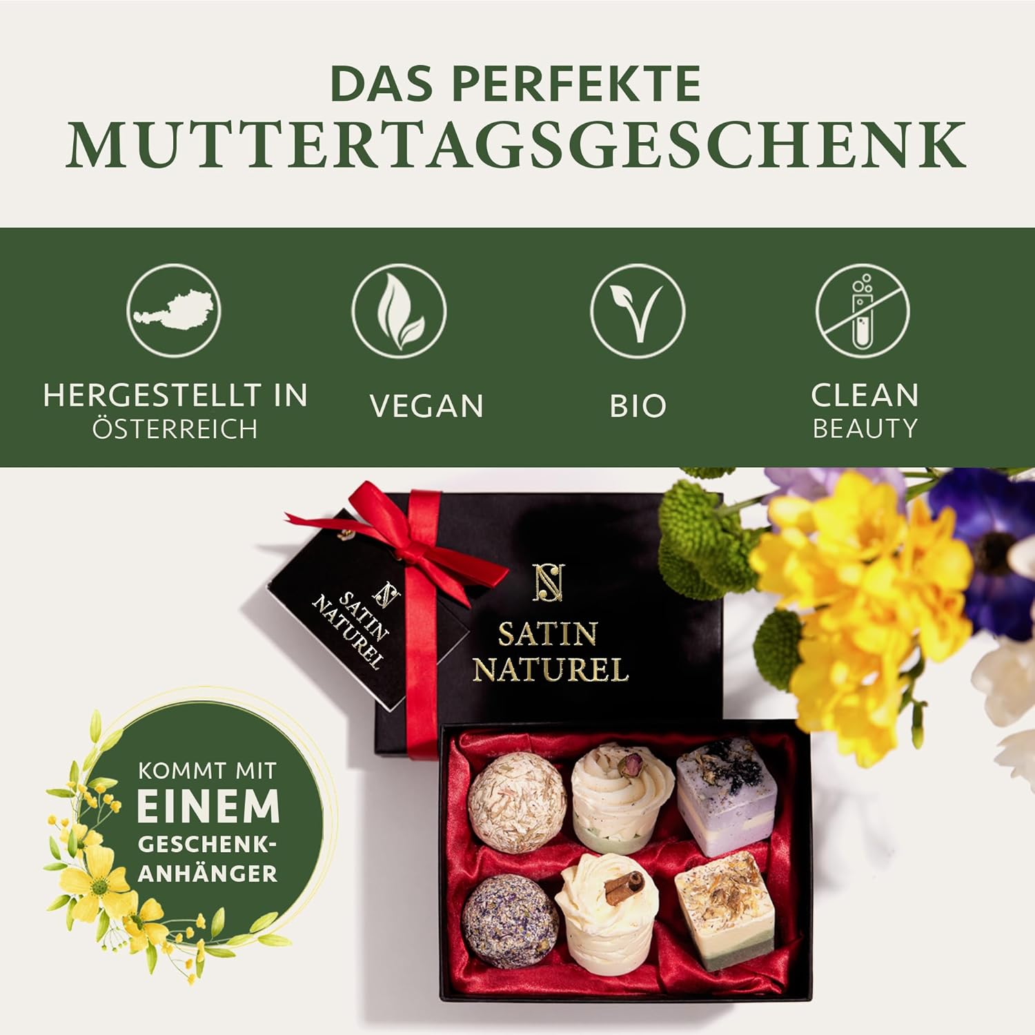 Satin Naturel 6er Set BIO Badebomben – Vegane Wellness Geschenkbox für Sie – Luxuriöse Badekugeln – Geburtstagsgeschenk für Frauen