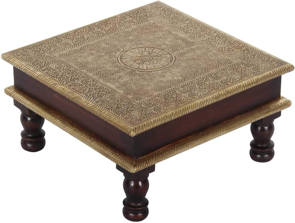 Casa Moro Oriental Stool Side Table Aroon L Made of Wood with Fine Brass Inlaid 30 x 30 x 15 cm (W x D x H) Crafts from the Orient Bajot Table Gold Brown MA25-70