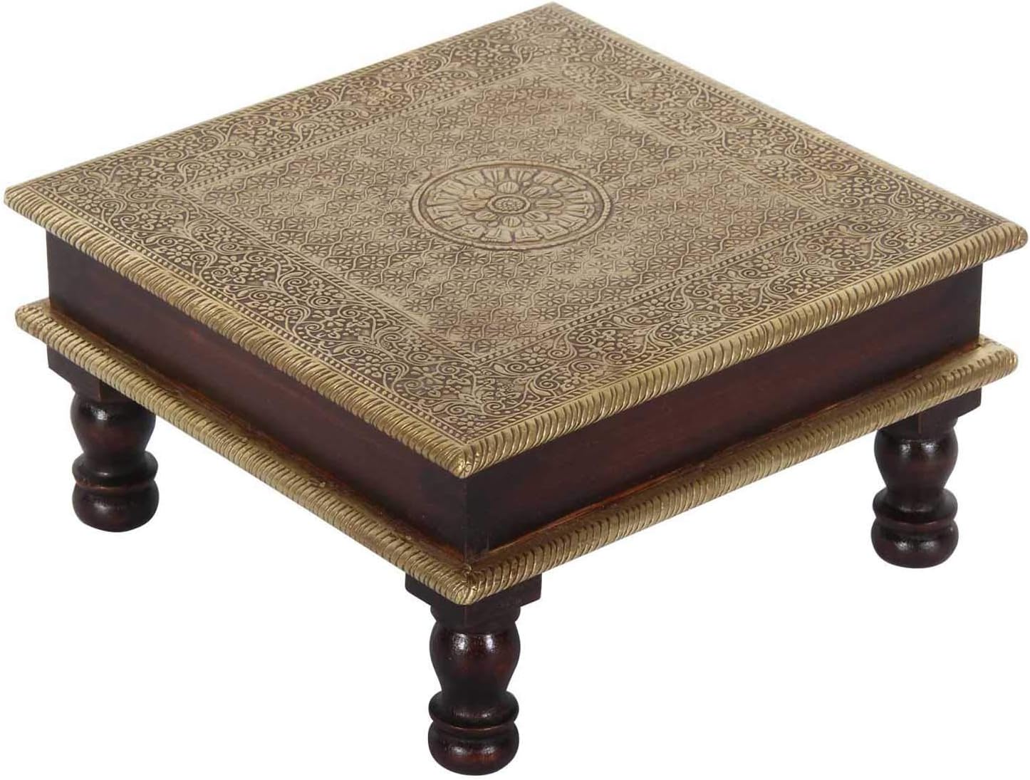 Casa Moro Oriental Stool Side Table Aroon L Made of Wood with Fine Brass Inlaid 30 x 30 x 15 cm (W x D x H) Crafts from the Orient Bajot Table Gold Brown MA25-70