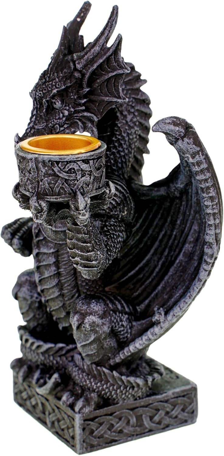 Dragon Candle Holder Figure 16 cm - Mystical Dragon Candle Holder Made of Polyresin - Fantasy Decorative Figure for Living Room, Shelf & Altar - Hand-Painted Dragon Statue with Candle Holder - Gothic