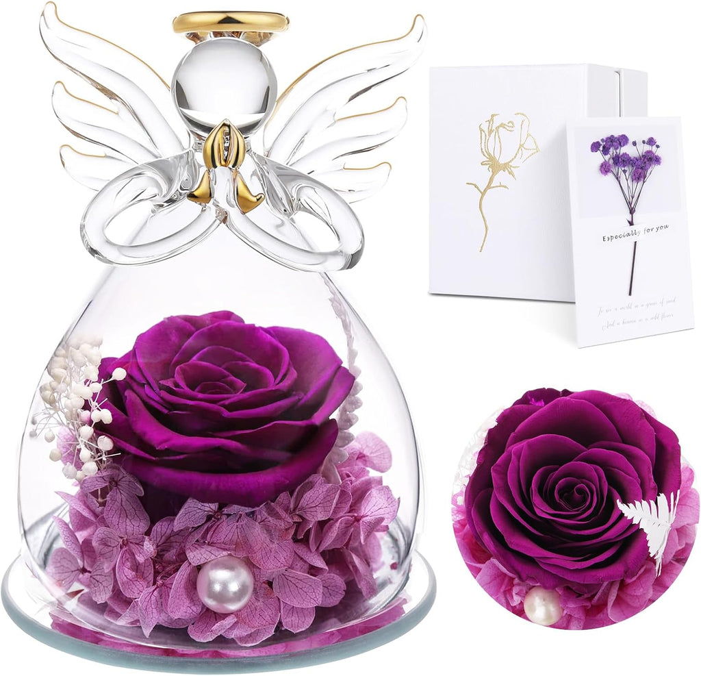 Ewige Rose Engel Geschenke für Mama, Ewige Rose in Engel Glaskuppel für Sie, Infinity Rosen Konservierte Blumen Handgemachte, Engelsfigur aus Glas, Geschenk für Frauen Mutter Oma Großmutterk