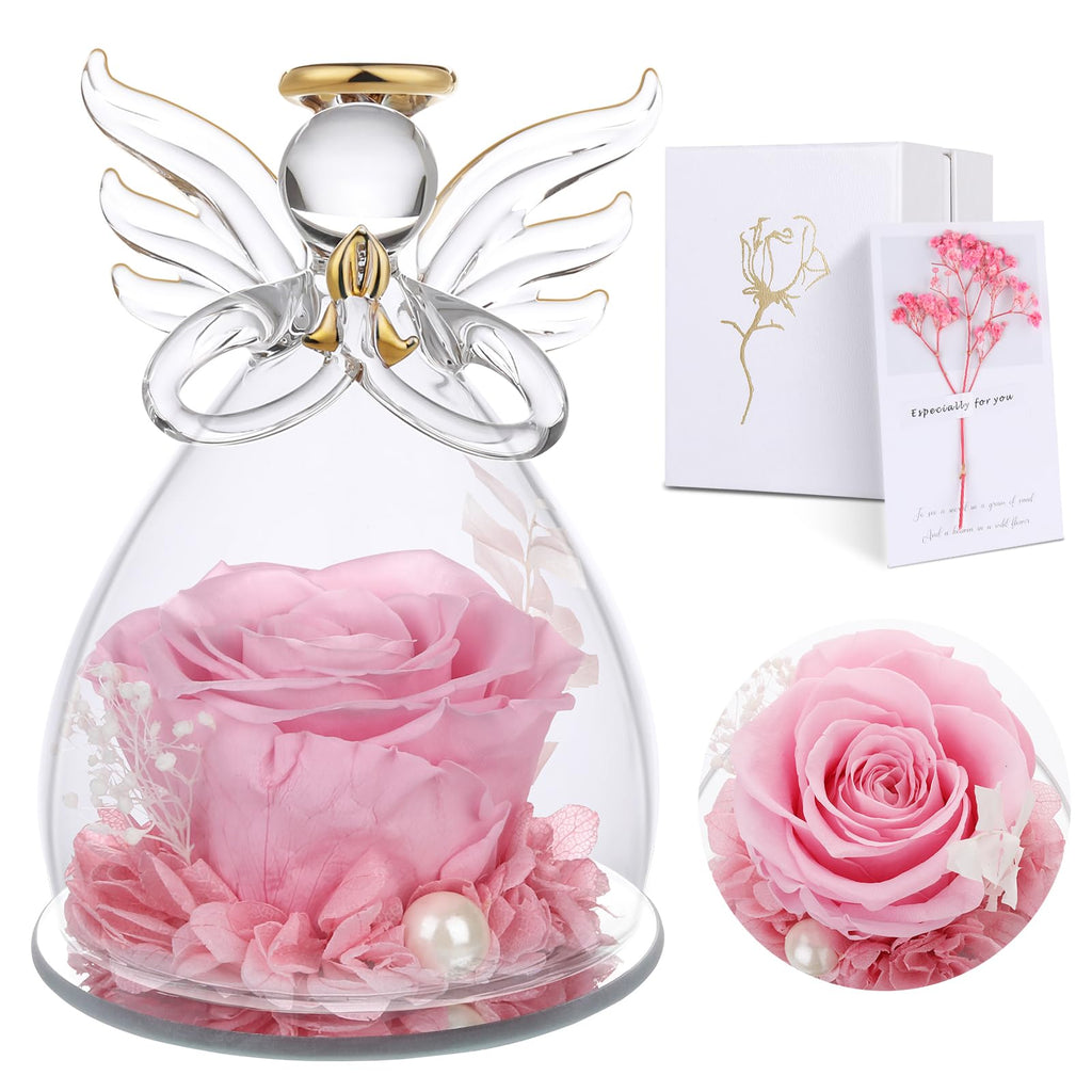 Ewige Rose Engel Geschenke für Mama, Ewige Rose in Engel Glaskuppel für Sie, Infinity Rosen Konservierte Blumen Handgemachte, Engelsfigur aus Glas, Geschenk für Frauen Mutter Oma Großmutterk