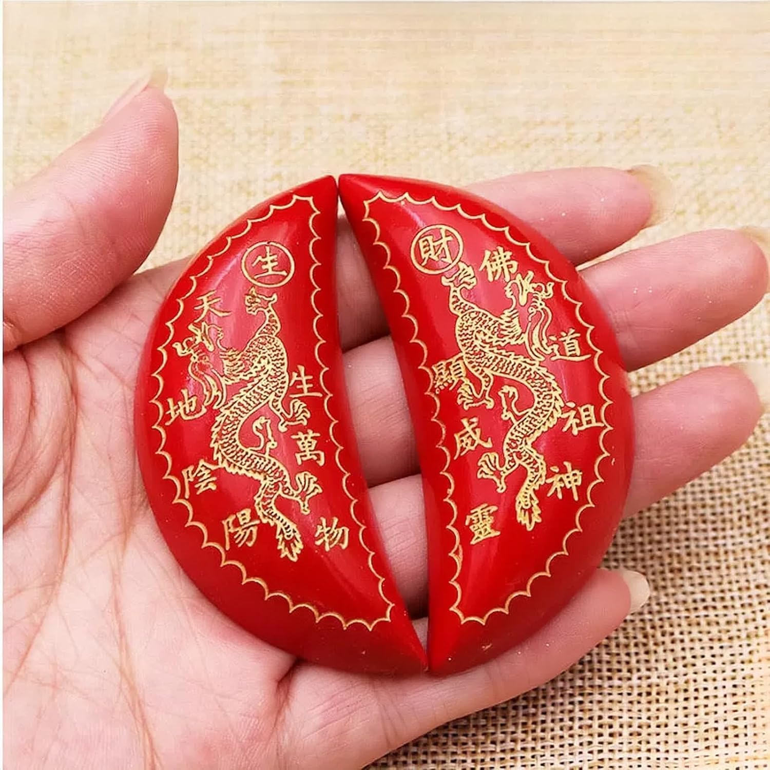 3.5" Chinese Jiaobei Divination Blocks - Red Moon Blocks with Double Dragon Design, Fortune Divination Cups, Traditional Ritual Poe, Altar Supplies Decor