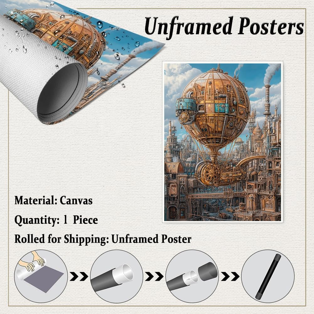 Steampunk Airship Canvas Wall Art Vintage Cityscape Illustration with Metallic Airship and Ornate Buildings Fantasy Sci-Fi Print for Office Lounge Studio Posters 11x14in Unframed
