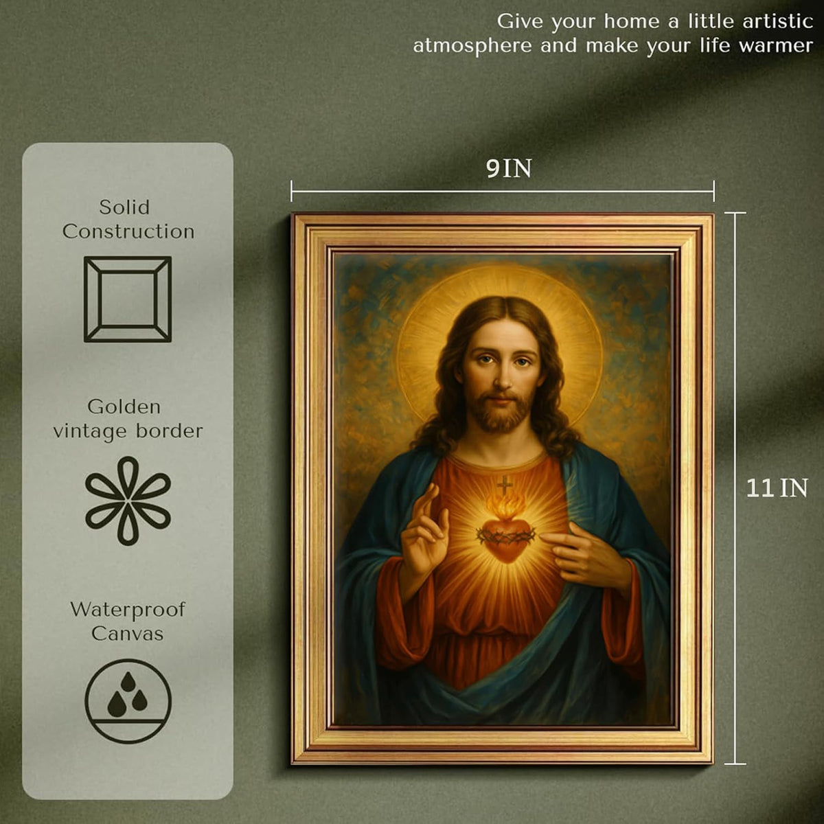 Vintage Gold Framed Wall Art 9x11 Inch Sacred Heart of Jesus Paintings Pictures Wall Decor Christian Canvas Poster Printing Artwork for Living Room Bedroom Prayer Room Home Decoration Ready to Hang