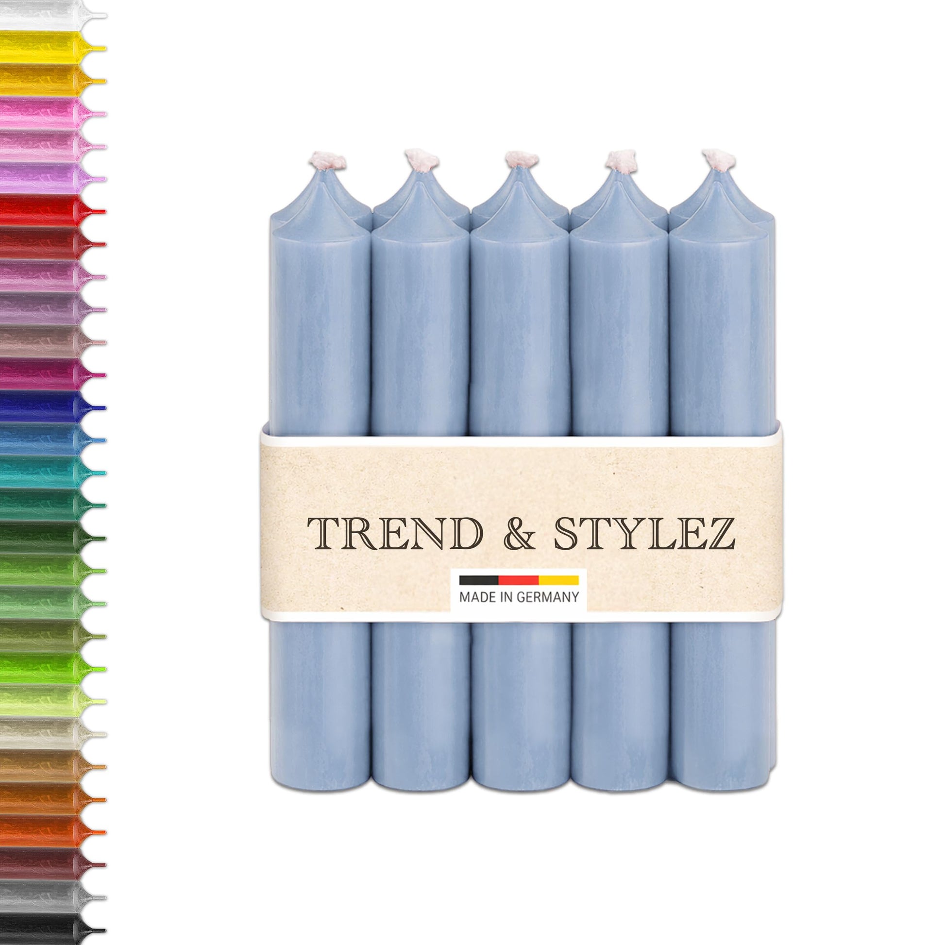10 Bunte Spitzkerzen durchgefärbt 100x22mm | RAL Stabkerzen mit 8h+ Brenndauer | Ohne Tropfen & Rußen | Tafelkerzen für Leuchter | Made in Germany (Pastellblau)