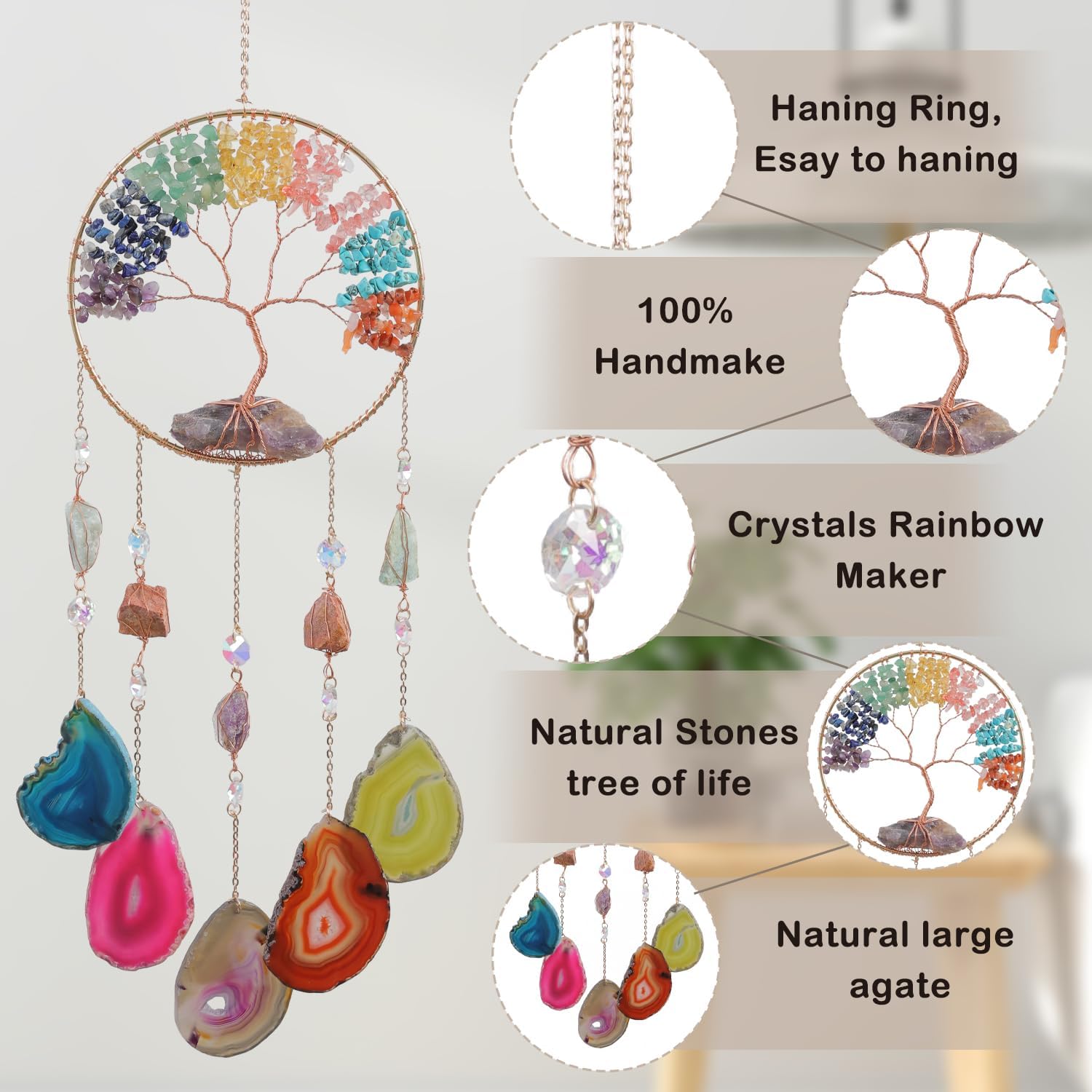 Moon Agate Dream Catcher Handmade Tree of Life Wall Decor with Stones