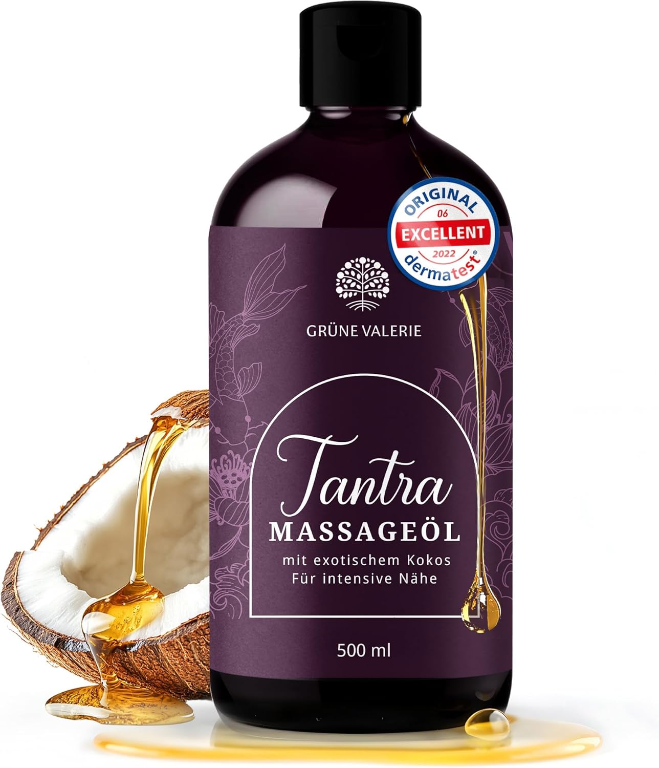 Grüne Valerie Tantra massage oil with sensuous coconut, 500 ml, XXL, stimulating, perfect for passionate partner massage, relaxation, made in Italy