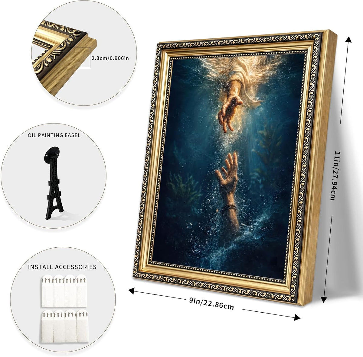 Vintage Hope and Faith Ocean Waves Framed Wall Art Divine Helping Hand Canvas Print Spiritual Renaissance Oil Painting Antique Gold Frame for Living Room Bedroom Kitchen Home Office Gallery Wall Decor Gift for Art Lovers Friends New Homeowners 9x11 Inch