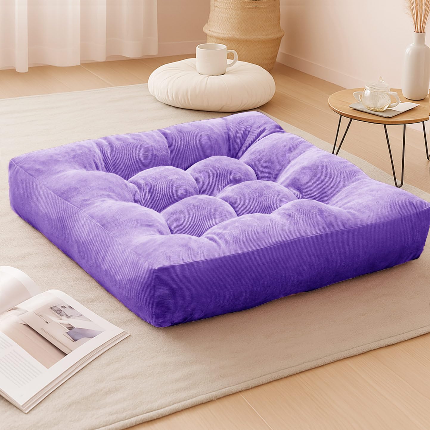 Degrees of Comfort Meditation Floor Pillow, Square Large Pillows Seating for Adults, Tufted Corduroy Thick Cushion for Living Room Tatami, Turquoise, 22x22 Inch