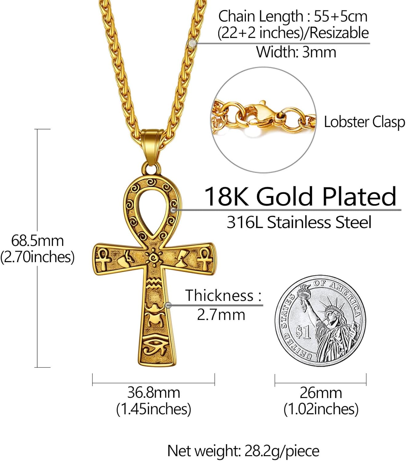 Richsteel Edelstahl Ägyptische Kreuzkette für Herren Jungen Religiöser Amulett Horusauge Kette Ankh Schmuck für Geburtstag Vatertag