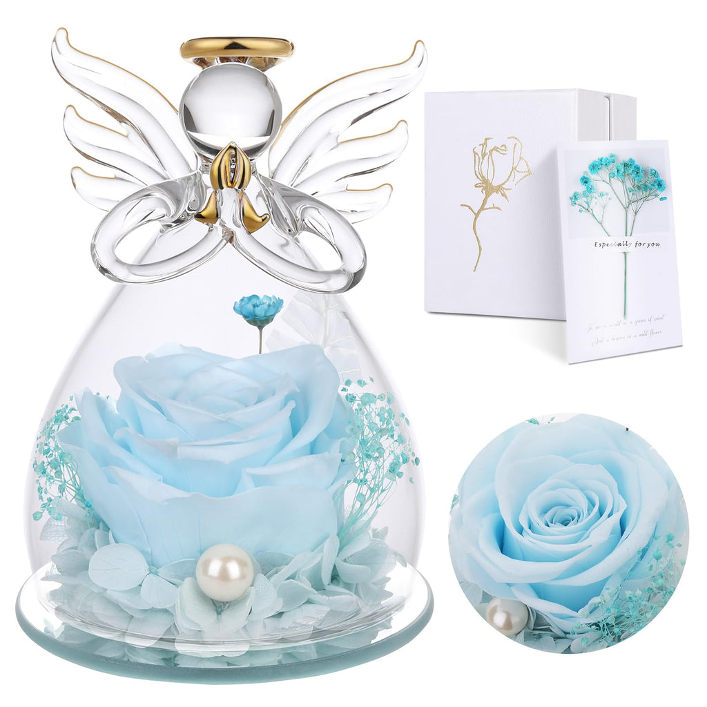 Ewige Rose Engel Geschenke für Mama, Ewige Rose in Engel Glaskuppel für Sie, Infinity Rosen Konservierte Blumen Handgemachte, Engelsfigur aus Glas, Geschenk für Frauen Mutter Oma Großmutterk