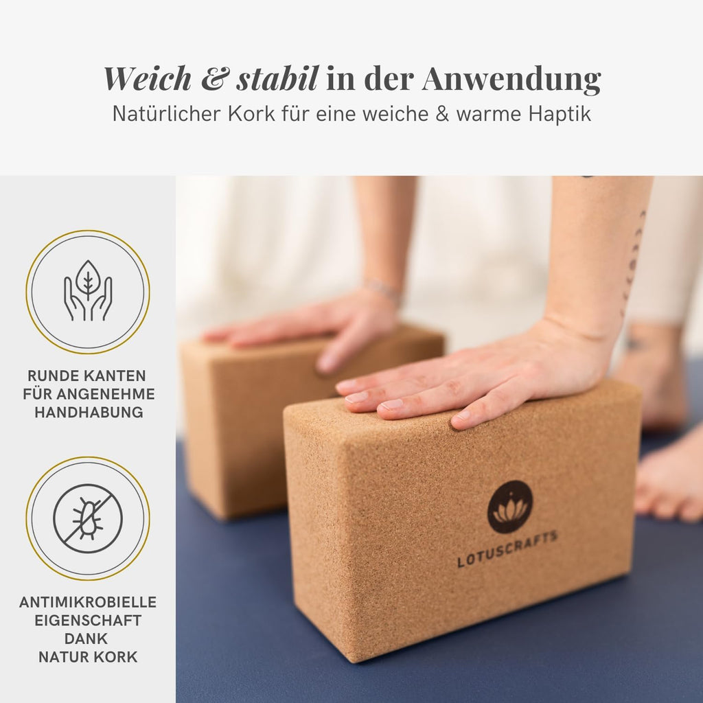 Lotuscrafts® Yoga Block Kork 2er Set oder Einzeln, Korkblock in 2 Größen, Made in Portugal, 100% Natürliche Yogablöcke aus Kork, Yoga Zubehör für Anfänger & Fortgeschrittene