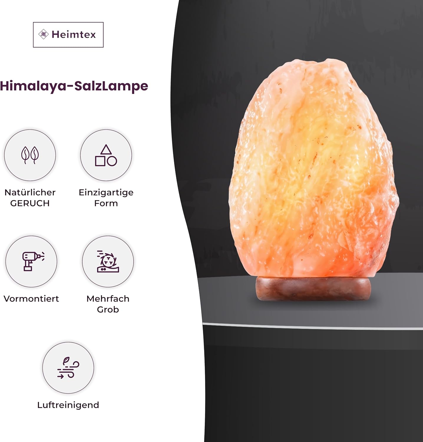 Heimtex Himalaya Salt Lamp - Natural Shape Salt Crystal Lamp from the Salt Range - 4-7 kg Salt Lamp with Cable and Replaceable Light Bulb Made of Pure Salt Stone