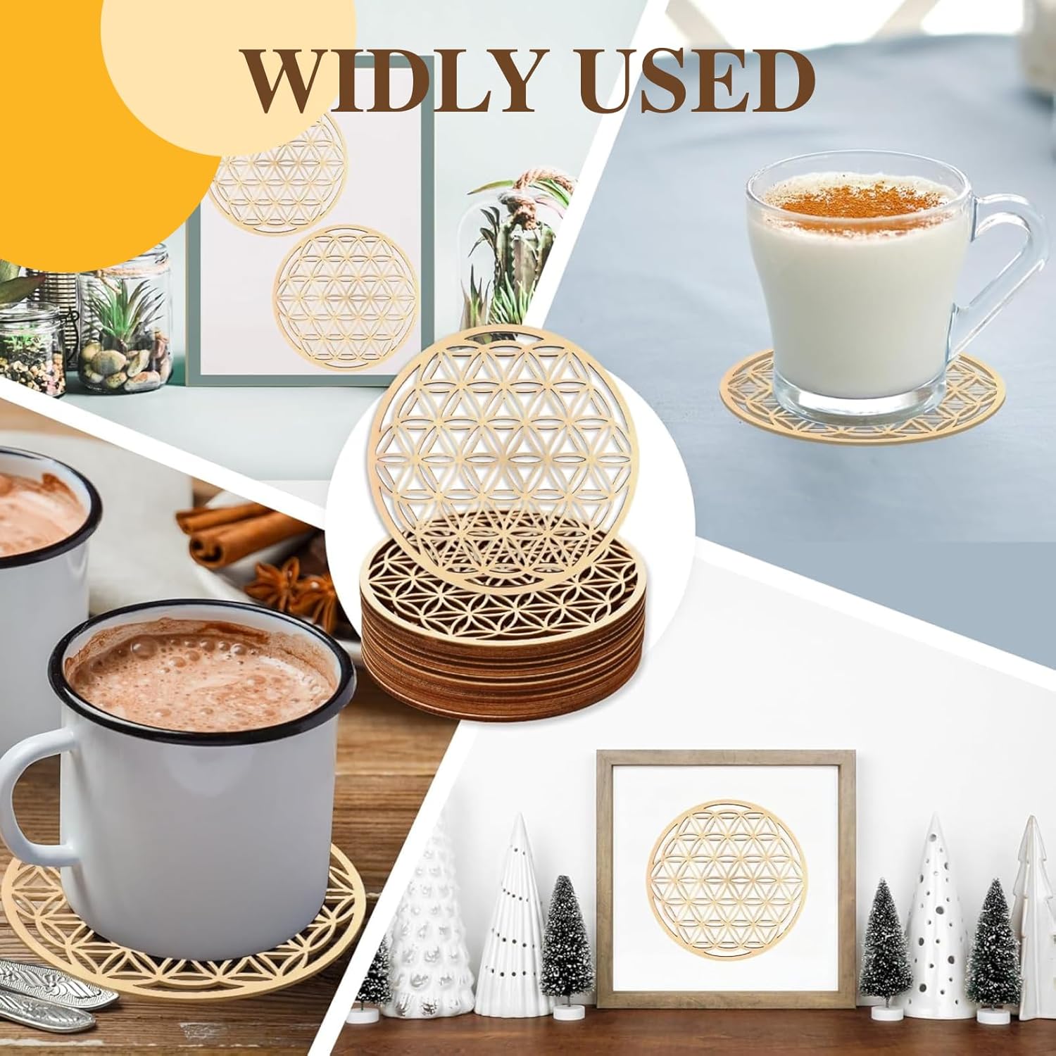 Hugwish Set Mit 6 Blume des Lebens Untersetzer Holz Für Meditation (10 X 10 cm), Untersetzern aus Premium Birkenholz, lebensblume deko (6)