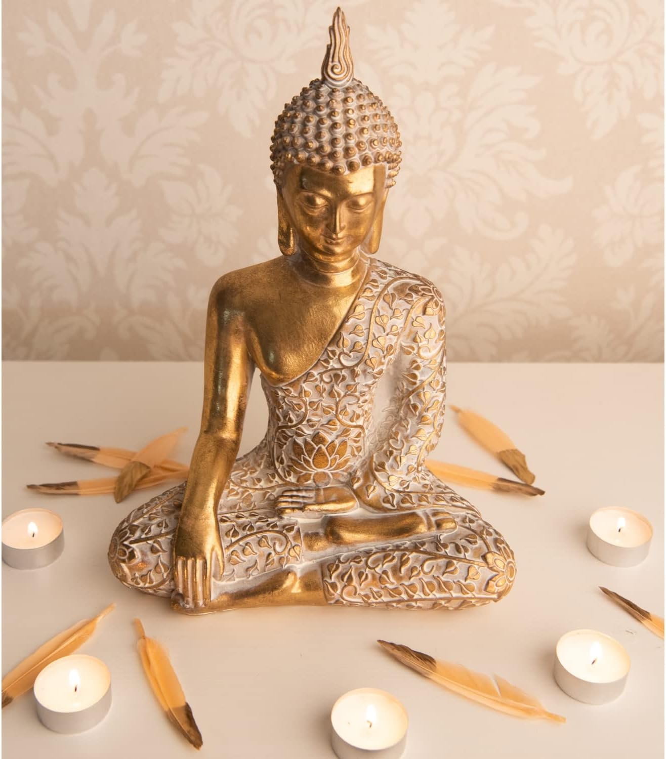 dszapaci Buddha Statue Gold 30cm Dekofigur sitzend mit weißem Muster Buddha Deko Figur klein