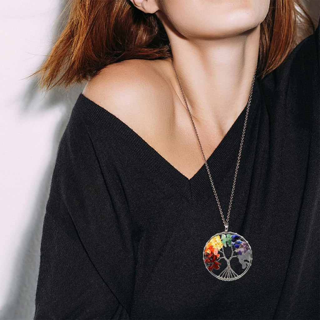 Baum des Lebens Anhänger Halskette, Edelstein Chakra-Anhänger, Kupfer Chakra Edelstein Halskette, Lebensbaum Halskette, 7 Stein Chakra Reiki Energietherapie Heilung Fashion Schmuck, für Damen Herren