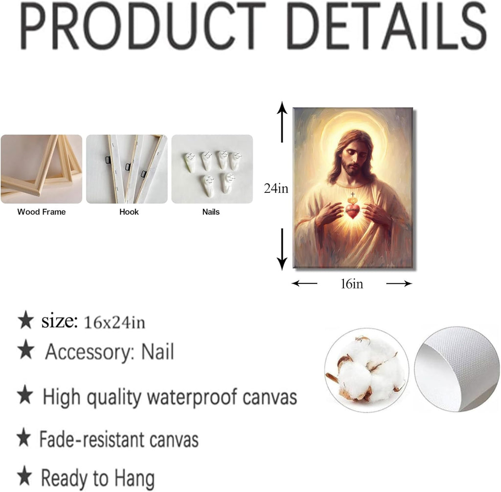 Jesus Sacred Heart Canvas Wall Art Painting Christian Poster Print Divine Mercy Picture Religious Spiritual Wall Decor for Bedroom Living Room 16x24in Framed