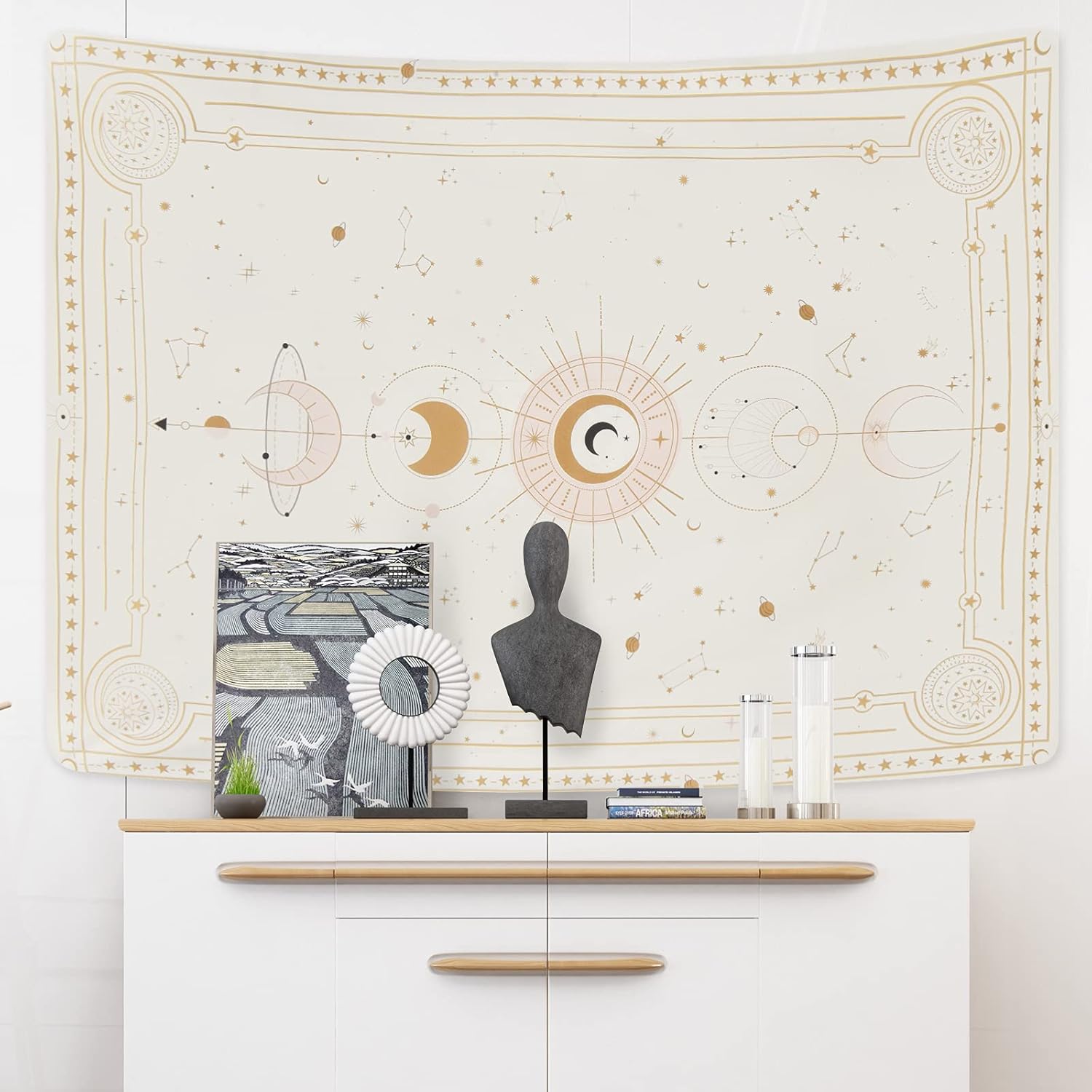 Yugarlibi Mondphasen Wandteppich Mysteriöser Konstellation Sternenhimmel Tarotkarten Wandbehang Ästhetische Retro Astrologie Wandkunst für Schlafzimmer Wohnzimmer Beige 150x130cm
