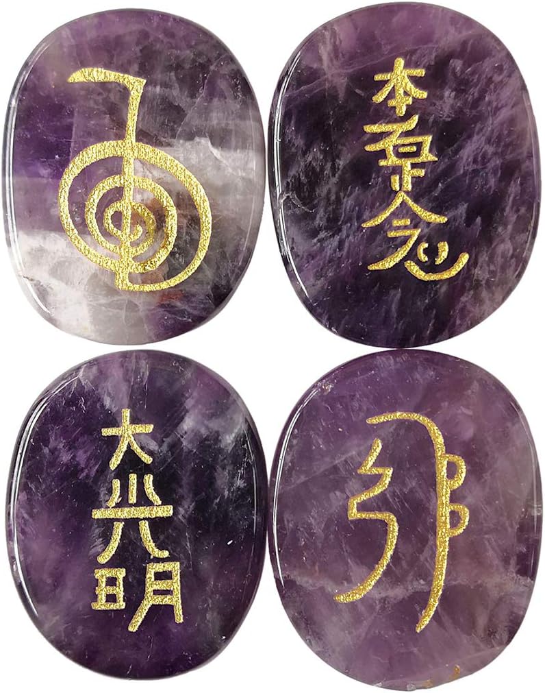Lovionus89 4 Stück Amethyst Graviert Chakra Steine Heilung Kristall Reiki Ausbalancieren Palme Stein,25mm