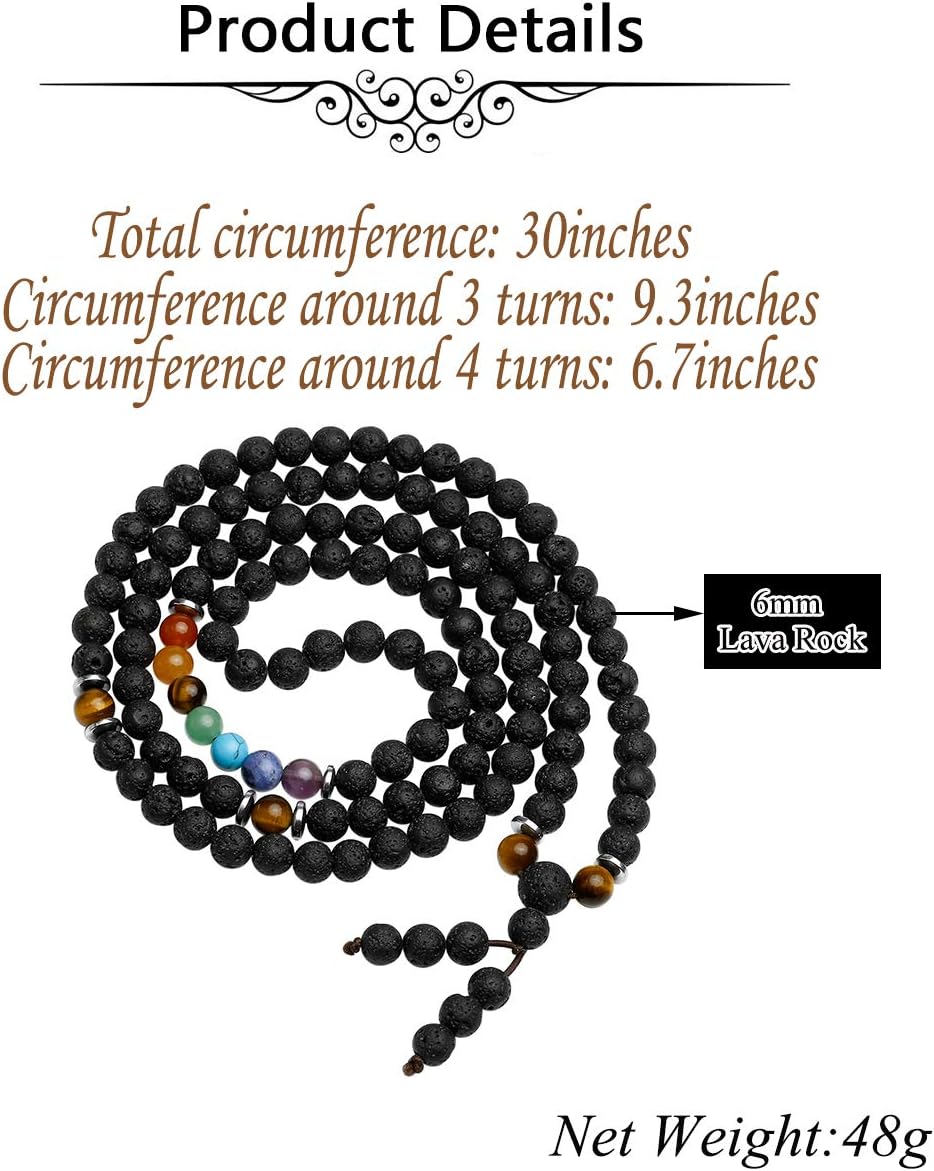 CrystalTears 108 Perlen Mala Kette 6mm Stein Wickelarmband Chakra Armband Healing Reiki Edelstein Yoga Armreif Buddha Gebetskette Halskette (Lava Stein)