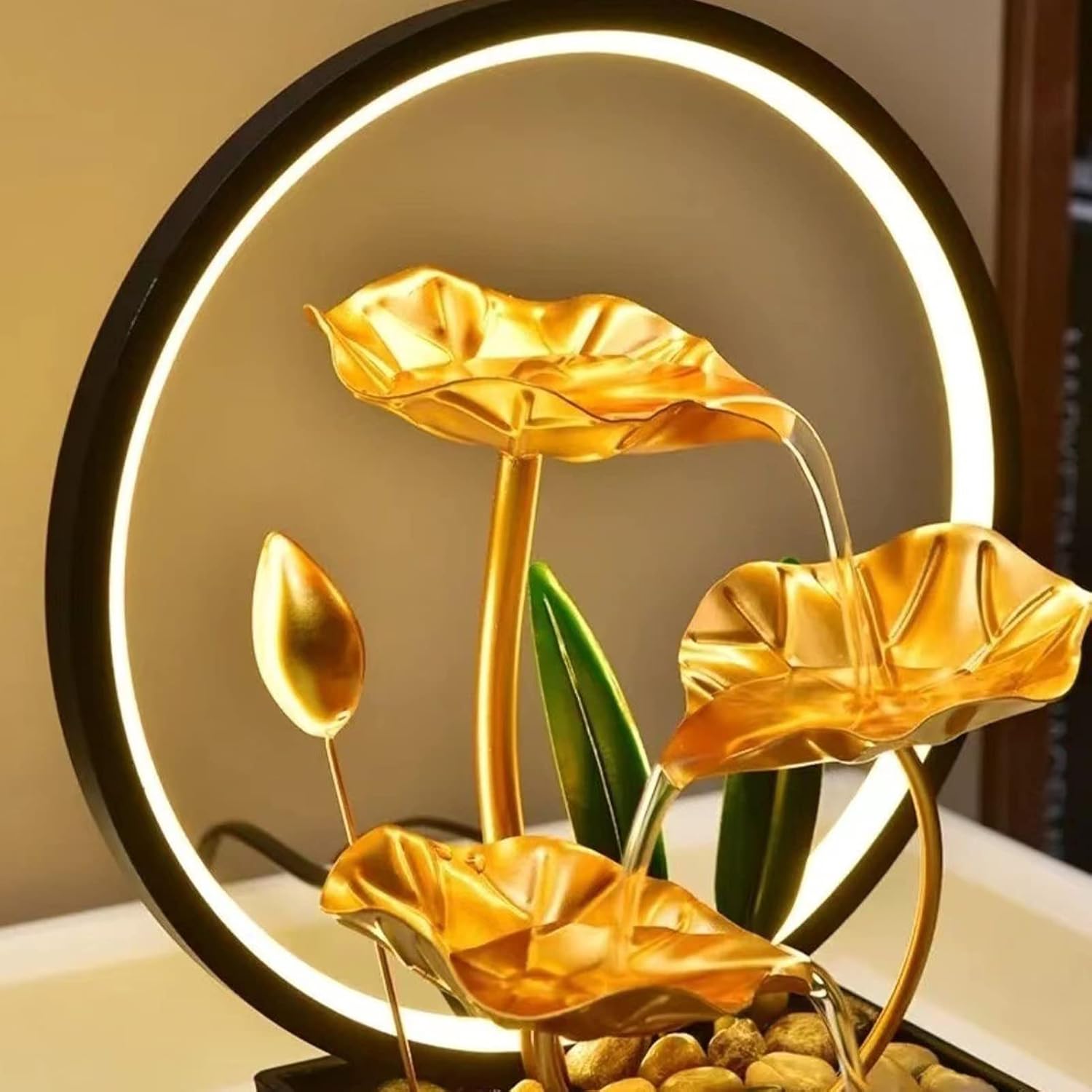 Tuzsocr Zimmerbrunnen LED, Tischbrunnen mit Beleuchtung Wasserfall, Moderne Zen Deko mit geräuschloser Pumpe, Entspannung Meditationsdekoration für Haus, Büro, Garten, Wohnzimmer, H 28 cm
