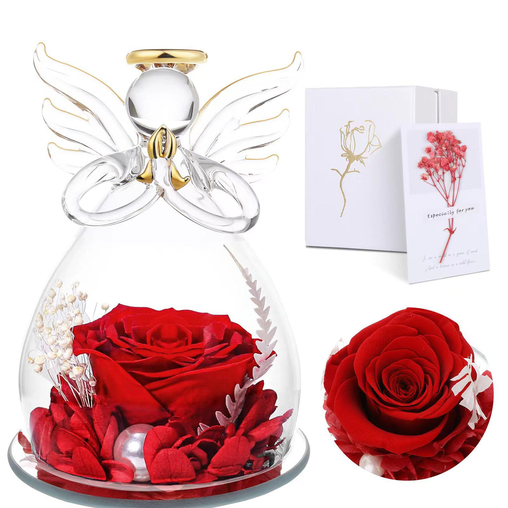 Ewige Rose Engel Geschenke für Mama, Ewige Rose in Engel Glaskuppel für Sie, Infinity Rosen Konservierte Blumen Handgemachte, Engelsfigur aus Glas, Geschenk für Frauen Mutter Oma Großmutterk
