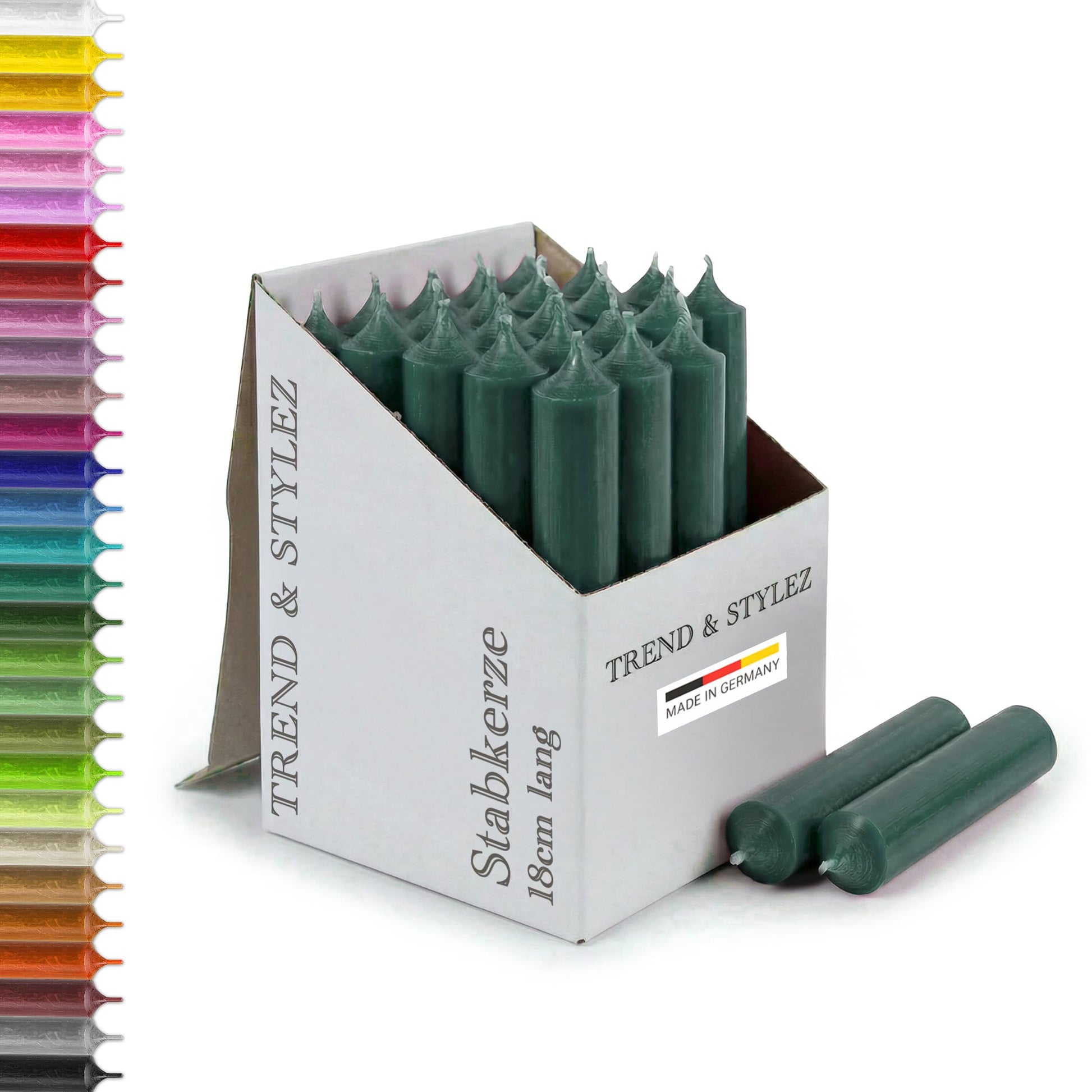 25 Stabkerzen 180mm x 22mm | Durchgefärbte Spitzkerzen | 8+ Stunden Brenndauer | Made in Germany - Ohne Tropfen & Rußen | RAL-Zertifizierte Tafelkerzen unparfümiert (Grün)