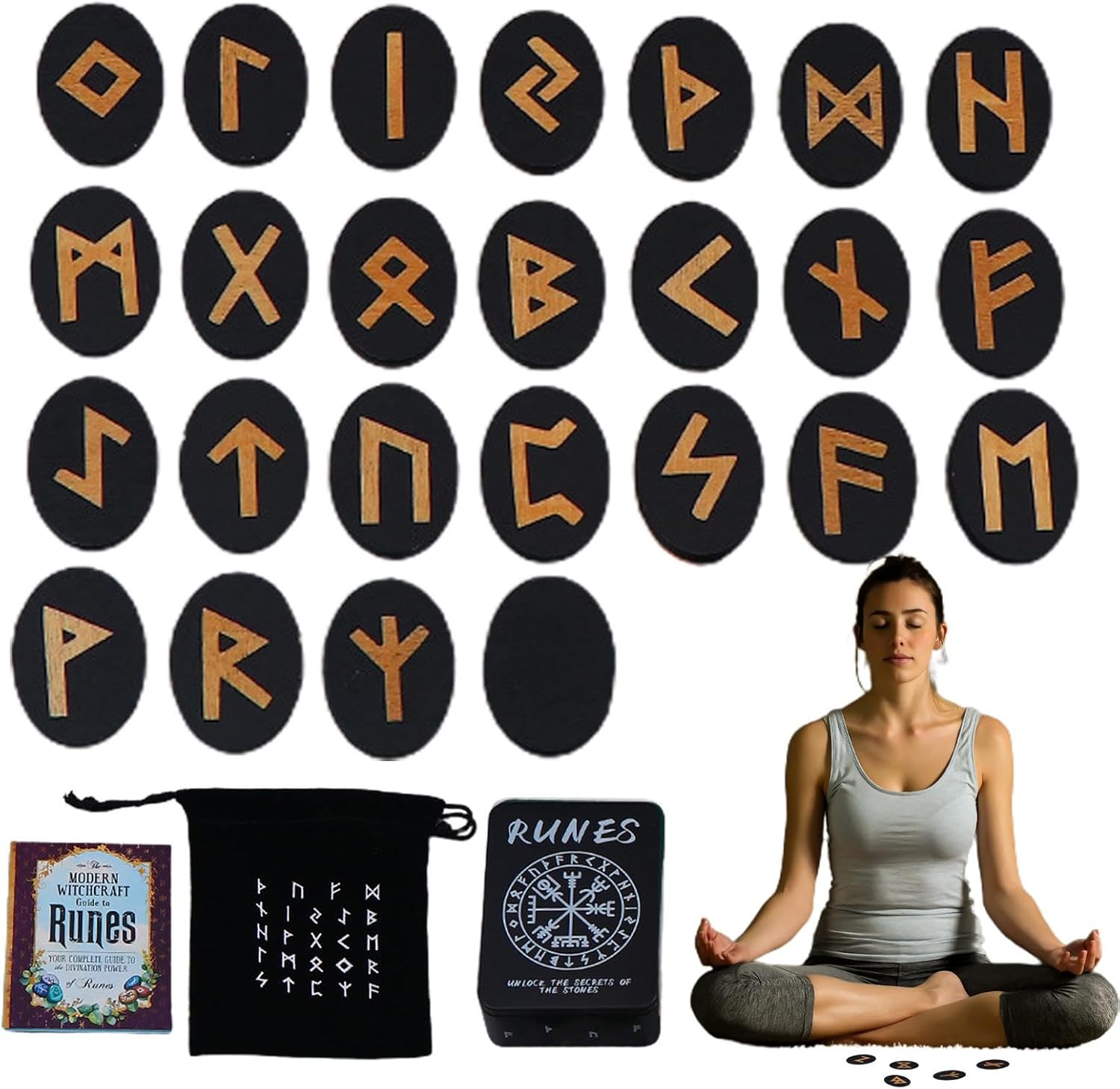 Fabixoin Witch Runes Set | Altar Divination Tools with Manual and Storage Bag, 25 Pieces Wooden Runes for Meditation, Spirituality, Entertainment, Witch Home Decoration
