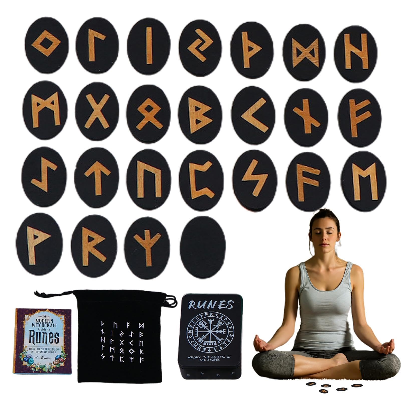 Fabixoin Witch Runes Set | Altar Divination Tools with Manual and Storage Bag, 25 Pieces Wooden Runes for Meditation, Spirituality, Entertainment, Witch Home Decoration